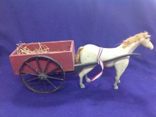 Vintage American Folkart Hand Carved Painted Horse Drawn Hay Wagon Farm Toy Old