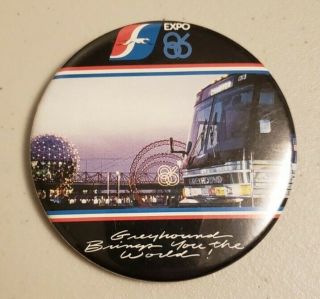 Expo 86 - Greyhound Bus Lines Pin - " Greyhound Brings You The World "