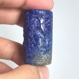 Ancient Sassanian Old Lapis Lazuli Stone King And Animal Intaglio Cylinder Bead