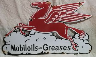 Vintage Mobiloils And Greases Advertising Porcelain Enamel Sign 36 X 21.  5 Inches