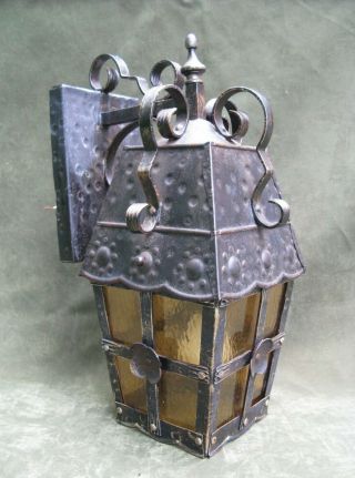 Lg Vintage Arts & Crafts Stained Glass Lantern Sconce Lamp Light