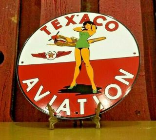 Vintage Texaco Gasoline Porcelain Gas Oil Pin Up Girl Service Airplane Pump Sign