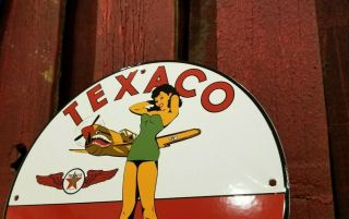 VINTAGE TEXACO GASOLINE PORCELAIN GAS OIL PIN UP GIRL SERVICE AIRPLANE PUMP SIGN 2