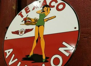 VINTAGE TEXACO GASOLINE PORCELAIN GAS OIL PIN UP GIRL SERVICE AIRPLANE PUMP SIGN 3