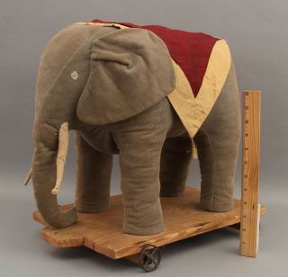 Large Antique Early 20thc Corduroy Ride On Circus Elephant Pull Toy,  Nr