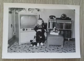 Vintage Photo 1950 Little Boy Cowboy Old Tv Telephone Christmas Tree
