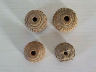 Group Of 4 Pre - Columbian Pottery Spindle Whorl Beads