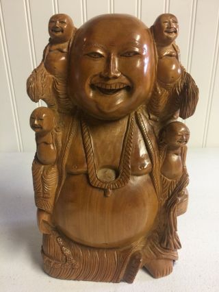 Vintage Wood Carved Smiling Buddha With 4 Mini Buddhas 9.  5” Tall