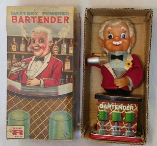 Vintage  Tin Rosko Toys Battery Operated Smoking Bartender 1960s Japan