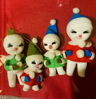 Set Of 4 Vintage Christmas Snowbabies Flocked Felt Snowman Ornaments Japan Rare