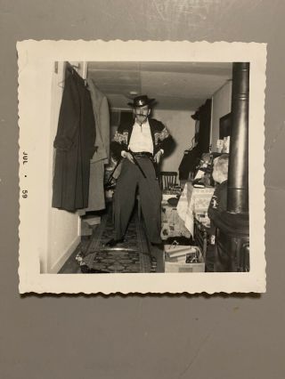 Vintage 1950s B/w Photo Man Wears Cowboy Sheriff Kids Play Costume Toy Gun