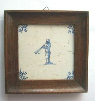 Delft Tile 18th C 53 Man With A Horn (relisted With Frame)