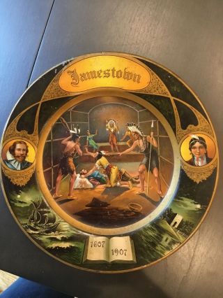 1607 - 1907 Jamestown Native American Vienna Art Plate Tin Pocahontas John Smith