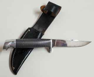 Vintage Western Black Beauty F48b Hunting Knife W/ Tooled Black Leather Sheath
