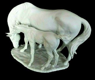 Antique German White Bisque Porcelain Horse And Colt Figurine 510