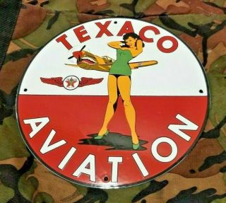 Vintage Texaco Gasoline Porcelain Gas Pin Up Girl Service Airplane Pump Sign 12 "