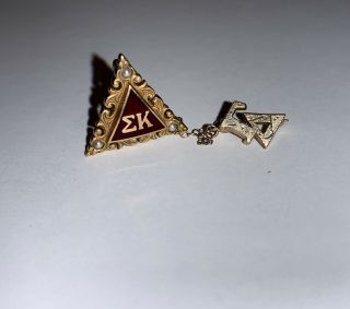 Vintage Sigma Kappa Sorority Pin - 10k Gold With Pearls And Gamma Delta Chain