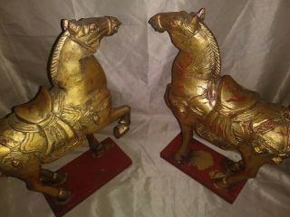 (2) Vtg Tang Dynasty Style War Horse Gilded Wood Carving Chinese Gold Sculpture
