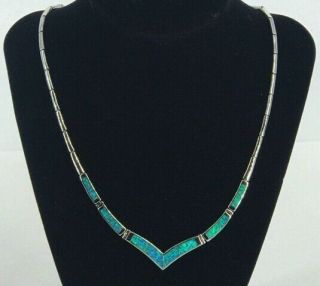 Vintage Sterling Silver And Green/blue Fire Opal Inlay Necklace