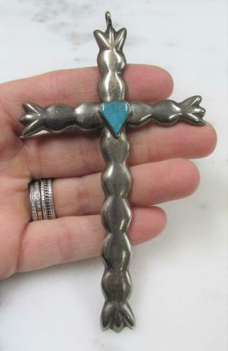 Large Vintage Sterling Silver Cross Pendant W/ Turquoise Stone 48.  8g 17 - G924