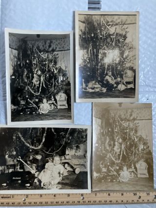 Vintage Set Of 4 1930’s Snapshot Photographs Christmas Day Christmas Tree Gifts