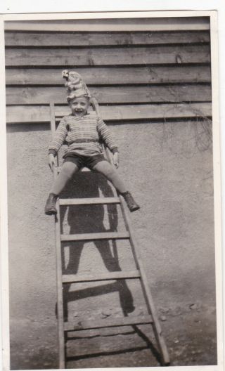 1940s Cute Little Boy On Stairs Funny Hat Abstract Unusual Russian Soviet Photo