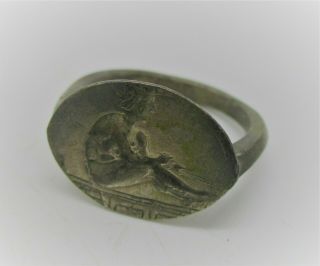 Ancient Greek Ar Silver Seal Ring Depicted Seated Figure On Bezel