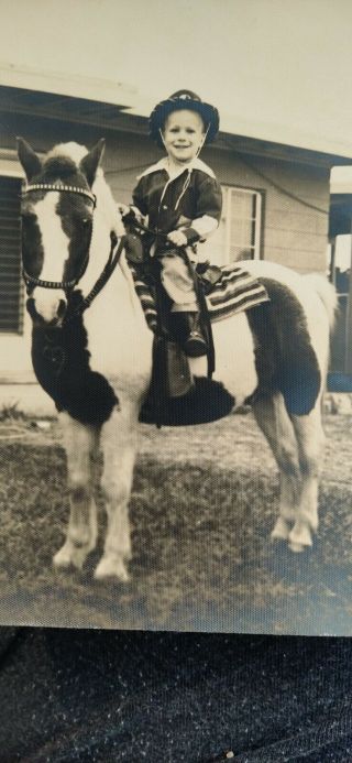 Vintage Old 1950 ' s Snapshot photo of little cowboy boy on pony black and white 2