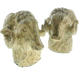 2pc Set Vintage Made In Spain 8.  5 " Large Carved Wooden Ram Heads Statues Sheep