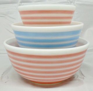 Vintage Pyrex Glass Set Of Three Pink & Blue Stripes Design Mixing Bowls
