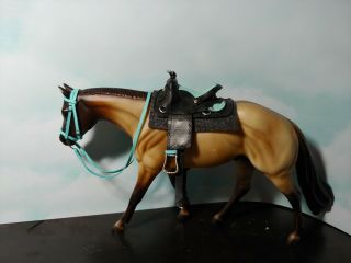 Black Western Saddle With Teal Seat And Bridle.  All Leather