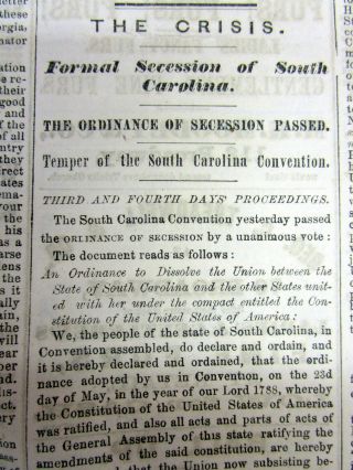 1860 Newspaper South Carolina Secedes From The Union With Ordinance Of Secession