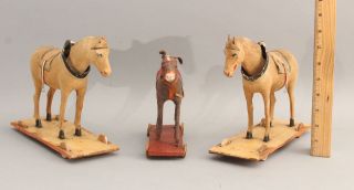 2 Antique 19thc Folk Art Wood & Paper Mache Nodder Horses & Mukle Pull Toys,  Nr