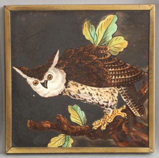 2 Antique Arts & Crafts Hammered Brass Framed OWL Paintings Art Pottery Tiles NR 4