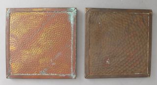 2 Antique Arts & Crafts Hammered Brass Framed OWL Paintings Art Pottery Tiles NR 6