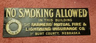 Vtg Nos No Smoking Farmers Mutual Fire Insurance Burt County Nebraska Tin Sign