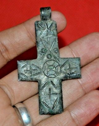 Rare Ancient Large Viking Silvered Bronze Cross Pendant - Circa 10th Century Ad