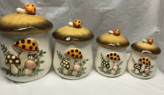 4 Vintage Sears Merry Mushroom Canister Set W/lids