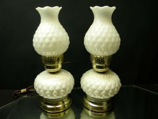 Pair Vintage Milk Glass Hurricane Style Table Lamps With Shades
