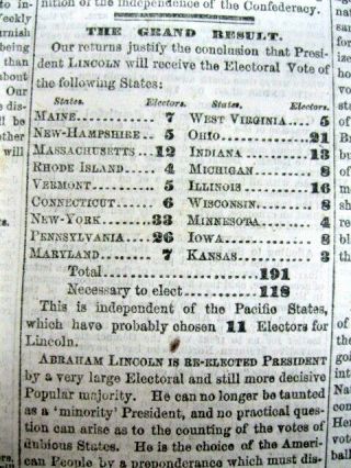 1864 Civil War Newspaper Republican Abraham Lincoln Is Re - Elected Us President