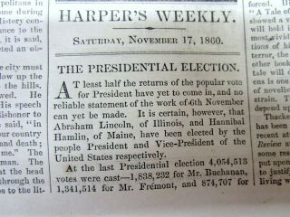 1860 Pre Civil War Newspaper Republican Abraham Lincoln Is Elected Us President