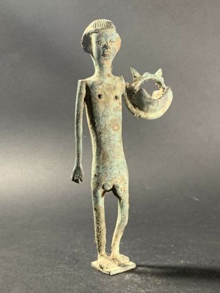 Circa 1000 Bc Large Size Ancient Luristan Bronze King Holding Crown With Phallus