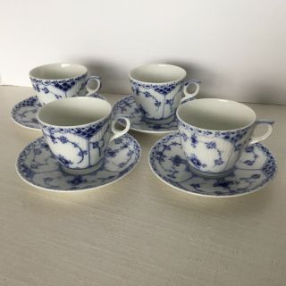 4 Royal Copenhagen Cups & Saucers 719 Blue Fluted Half Lace 1st Quality Vintage