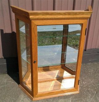 Vintage Oak Hanging Or Counter Top Lighted Display Curio Cabinet W Beveled Glass