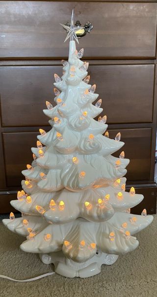 Vintage Extra Large 23 Inch White Ceramic Christmas Tree With Clear Lights