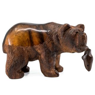 Unique Hand Carved Ironwood Grizzly Bear With Fish Figurine Wood Carving 8.  5 " L