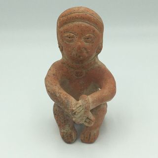 Pre - Columbian Seated Male Figure Clay Pottery - 5” Tall