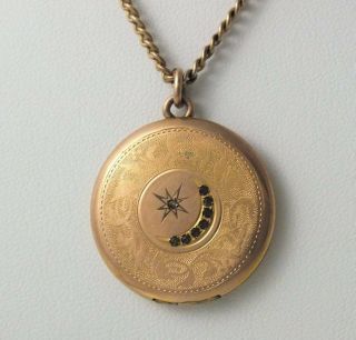 Victorian Antique Fhs Co.  Gold Filled 30mm Moon & Stars Etched Jeweled Locket