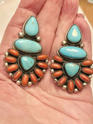 Vintage Old Pawn Navajo Turquoise & Coral Earrings