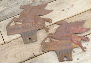 Vintage Mobil Oil Pegasus Drive Safely Plate Toppers Pair Advertisement Sign